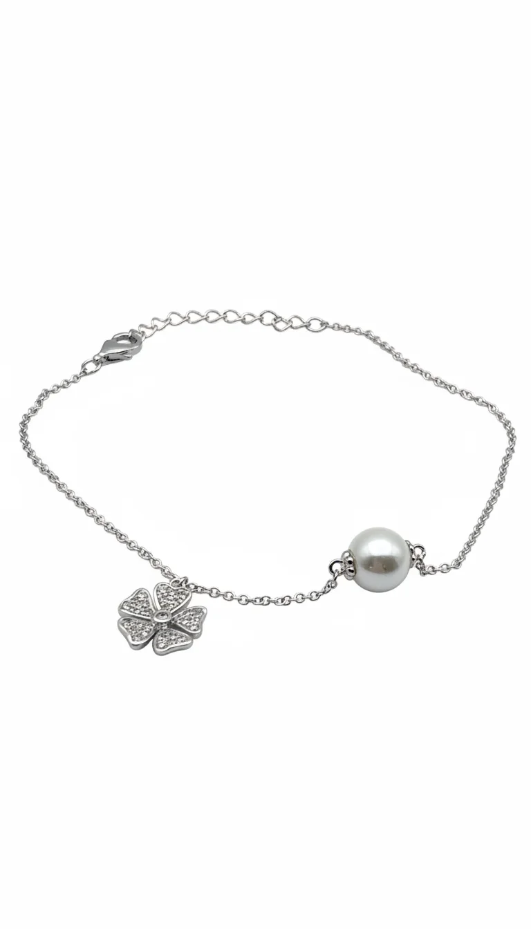Sterling silver bracelet with clover charm and pearl, front view
