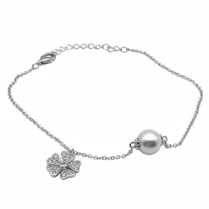 Sterling silver bracelet with clover charm and pearl, side view