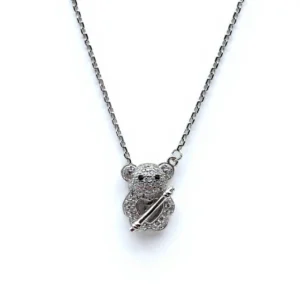 Sterling silver teddy bear pendant on chain, front view