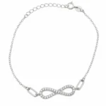 Sterling silver infinity bracelet with cubic zirconia, adjustable chain, top view