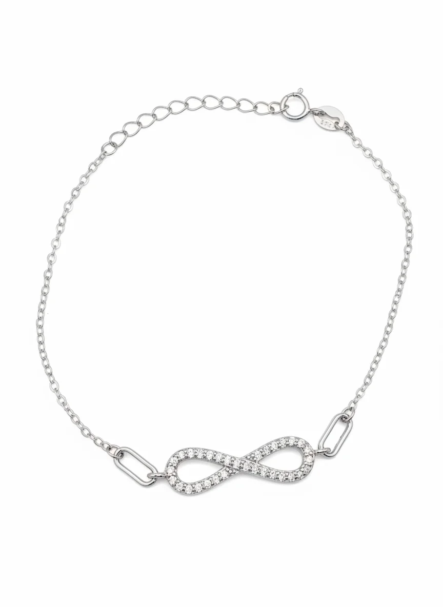 Sterling silver infinity bracelet with cubic zirconia, adjustable chain, top view
