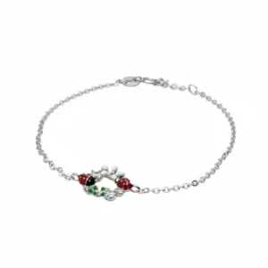Sterling silver bracelet with enamel ladybird charms, top view