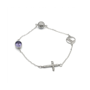Sterling silver charm bracelet with amethyst accent, top view