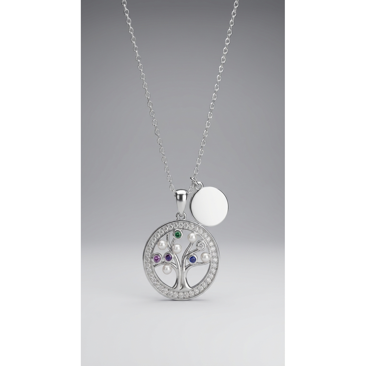 Sterling silver Tree of Life pendant with gemstones on chain, front view