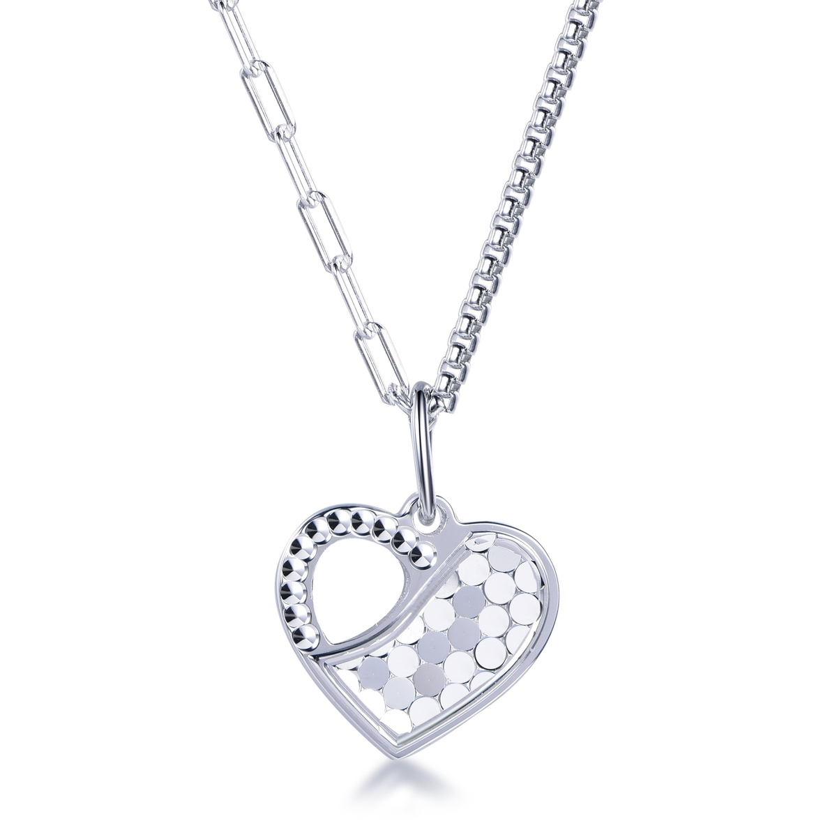 Sterling silver heart pendant with glossy finish on link chain, front view