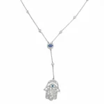 Sterling silver Hamsa Hand necklace with evil eye pendant, front view