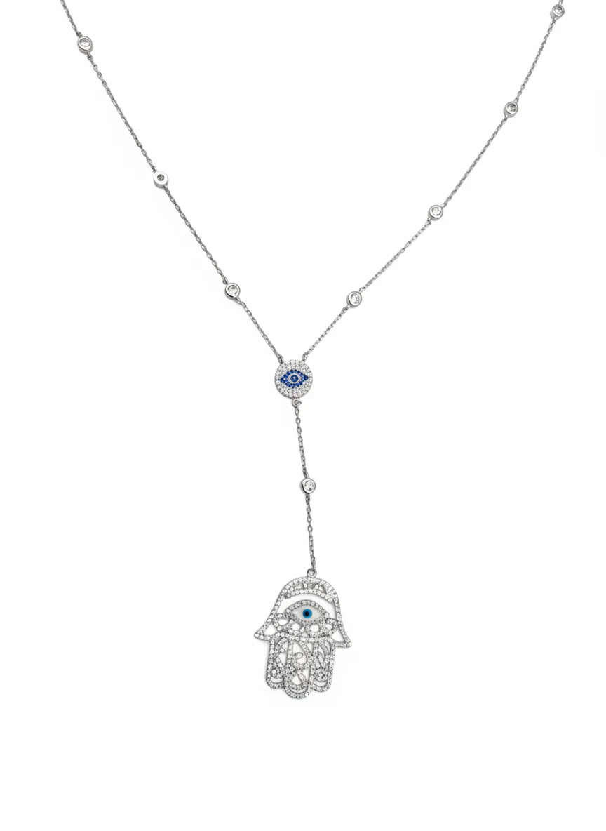 Sterling silver Hamsa Hand necklace with evil eye pendant, front view