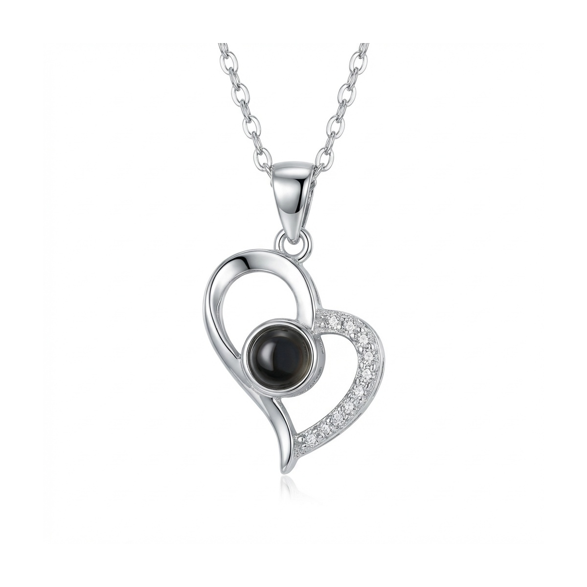 Sterling silver heart pendant with black onyx and stones, front view