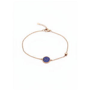 Rose gold-plated sterling silver bracelet with blue enamel charm, front view