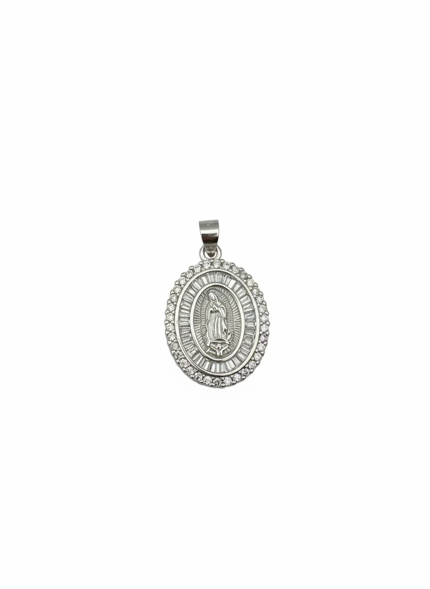 Sterling silver religious medallion pendant with intricate design, front view