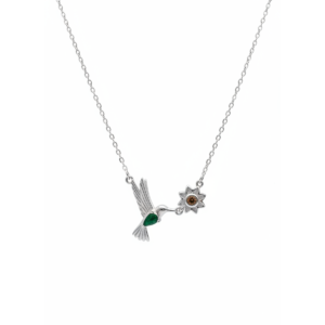 Sterling silver hummingbird necklace with flower pendant, front view