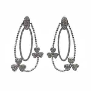 Sterling silver Irish clover dangle earrings with intricate design, front view