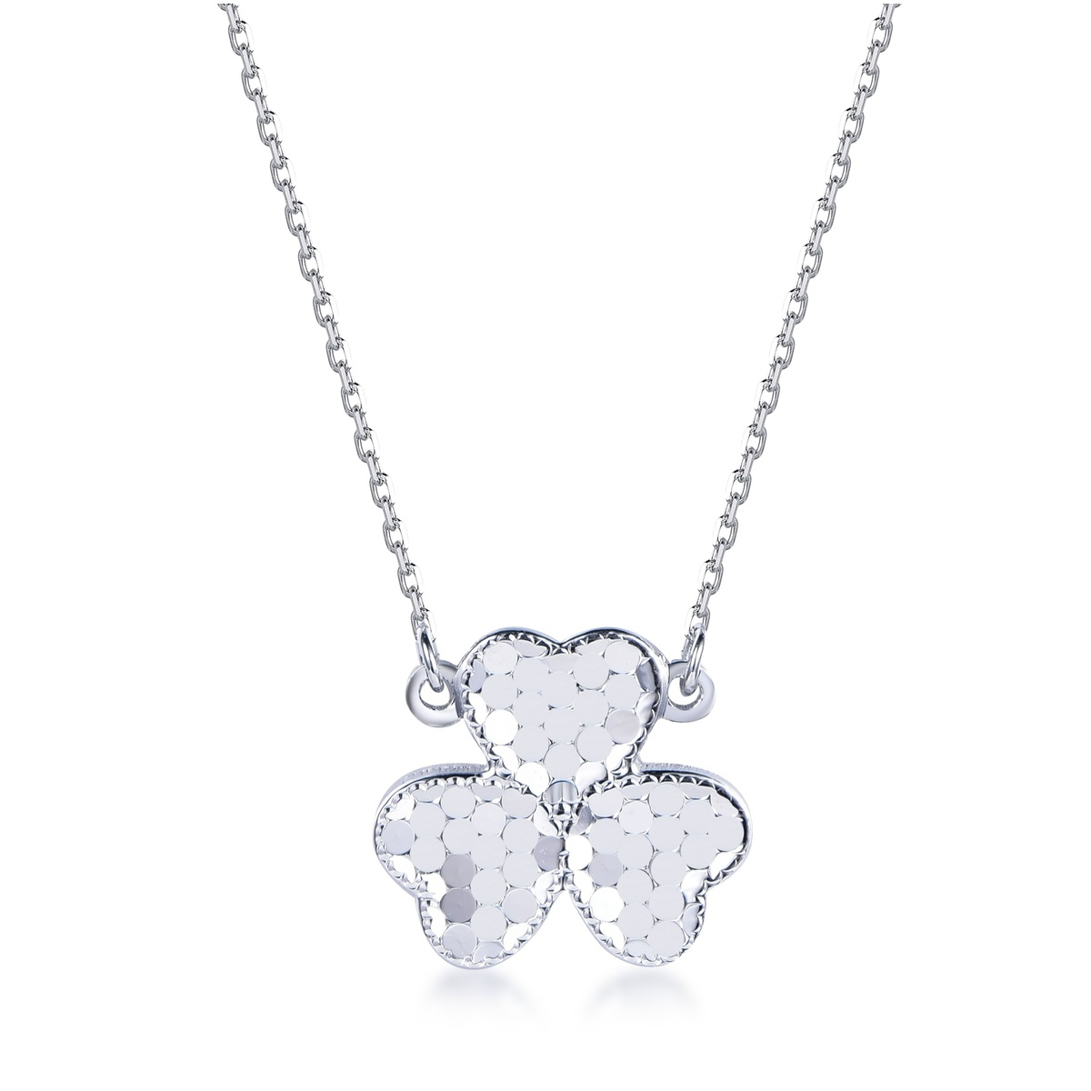 Sterling silver clover pendant on chain, front view