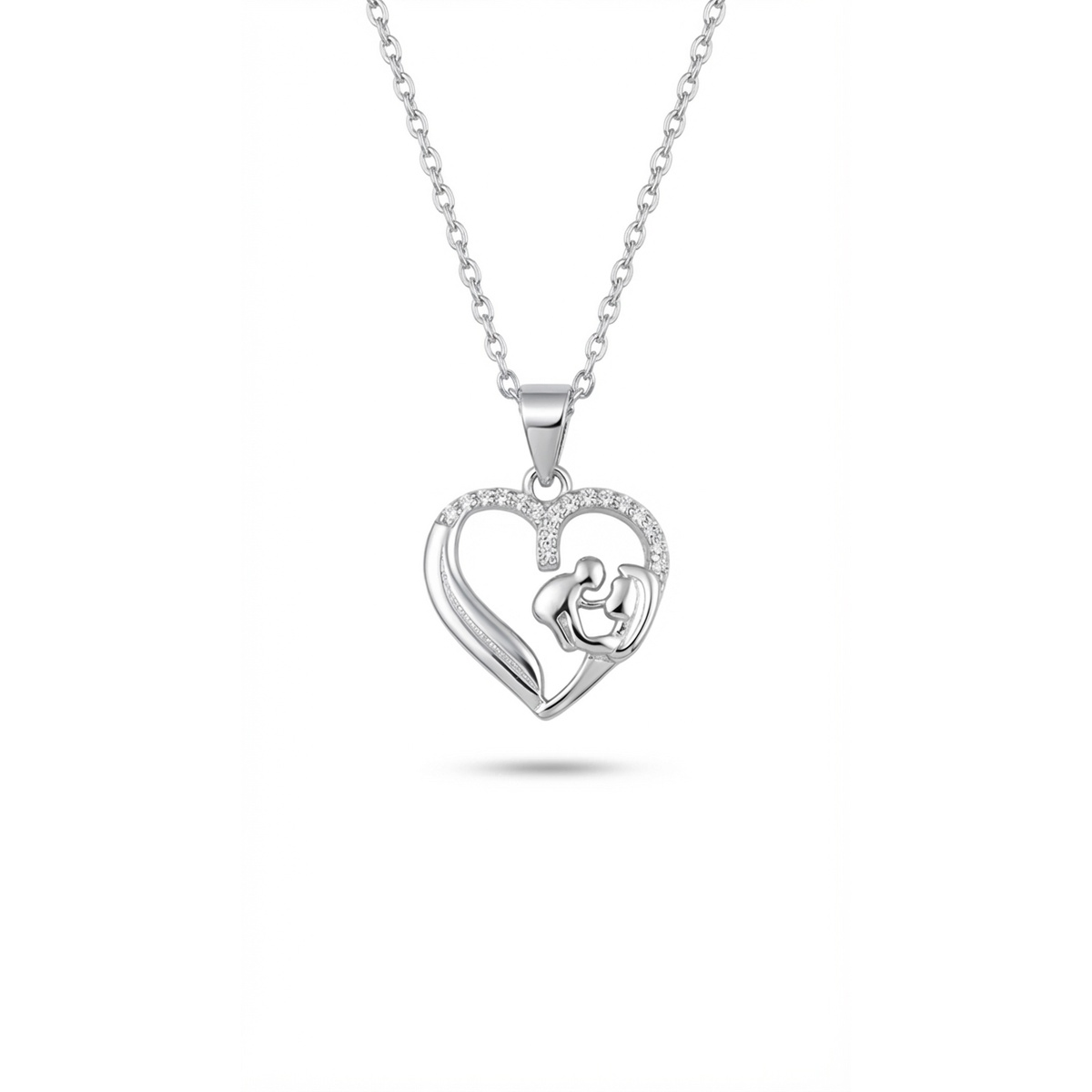 Sterling silver heart pendant with mother and child design, front view