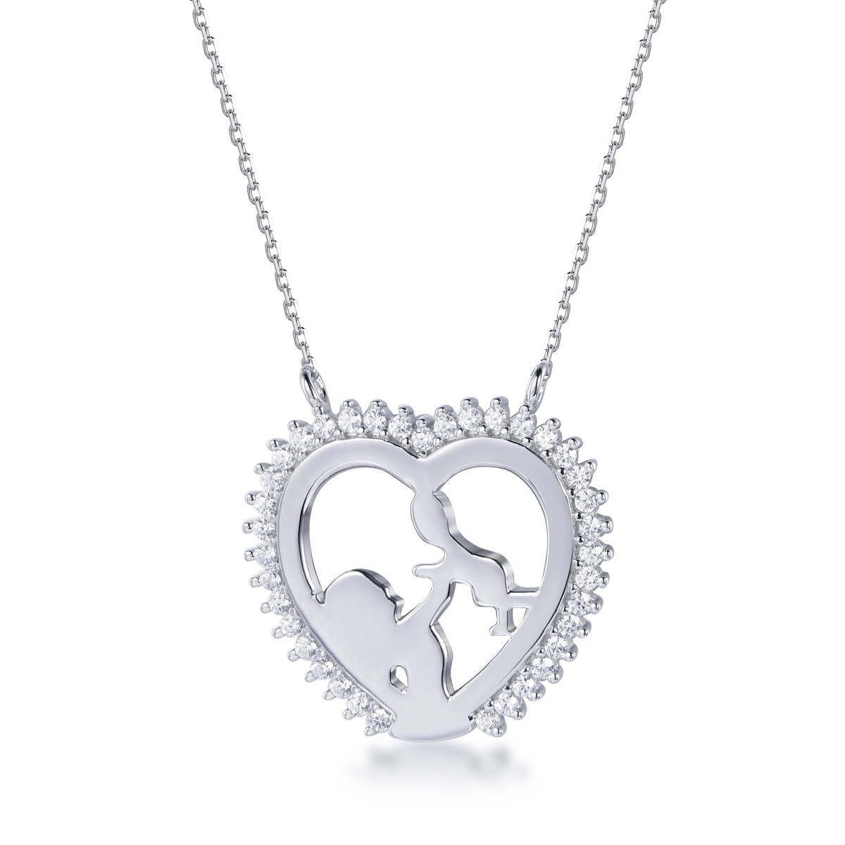 Sterling silver heart pendant with cubic zirconia, front view