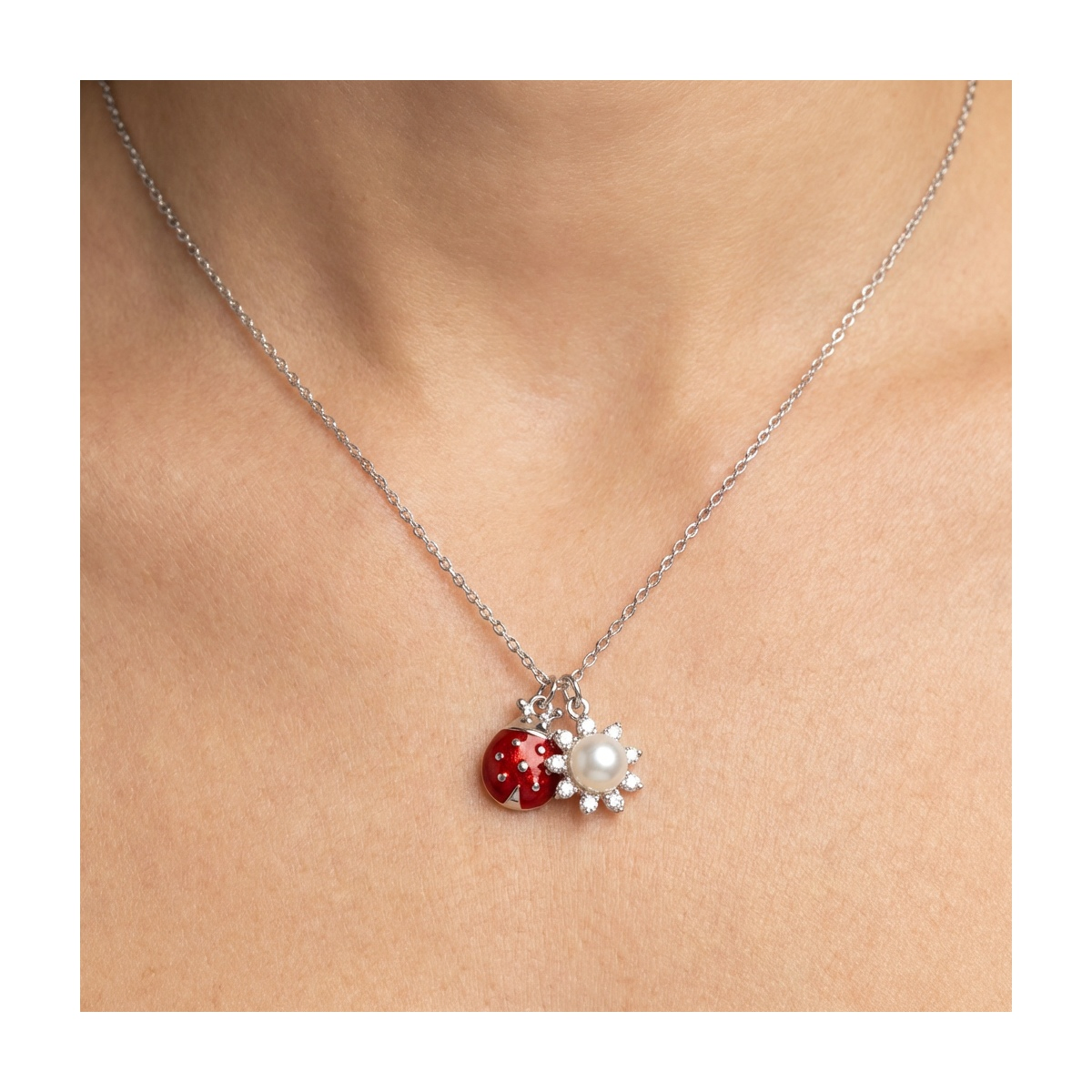 925 Sterling Silver Ladybird and Flower Pendant Necklace | Dublin Silver