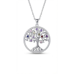 Sterling silver Tree of Life pendant with colorful gem accents, front view