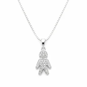 Sterling silver child figure pendant necklace on box chain, front view