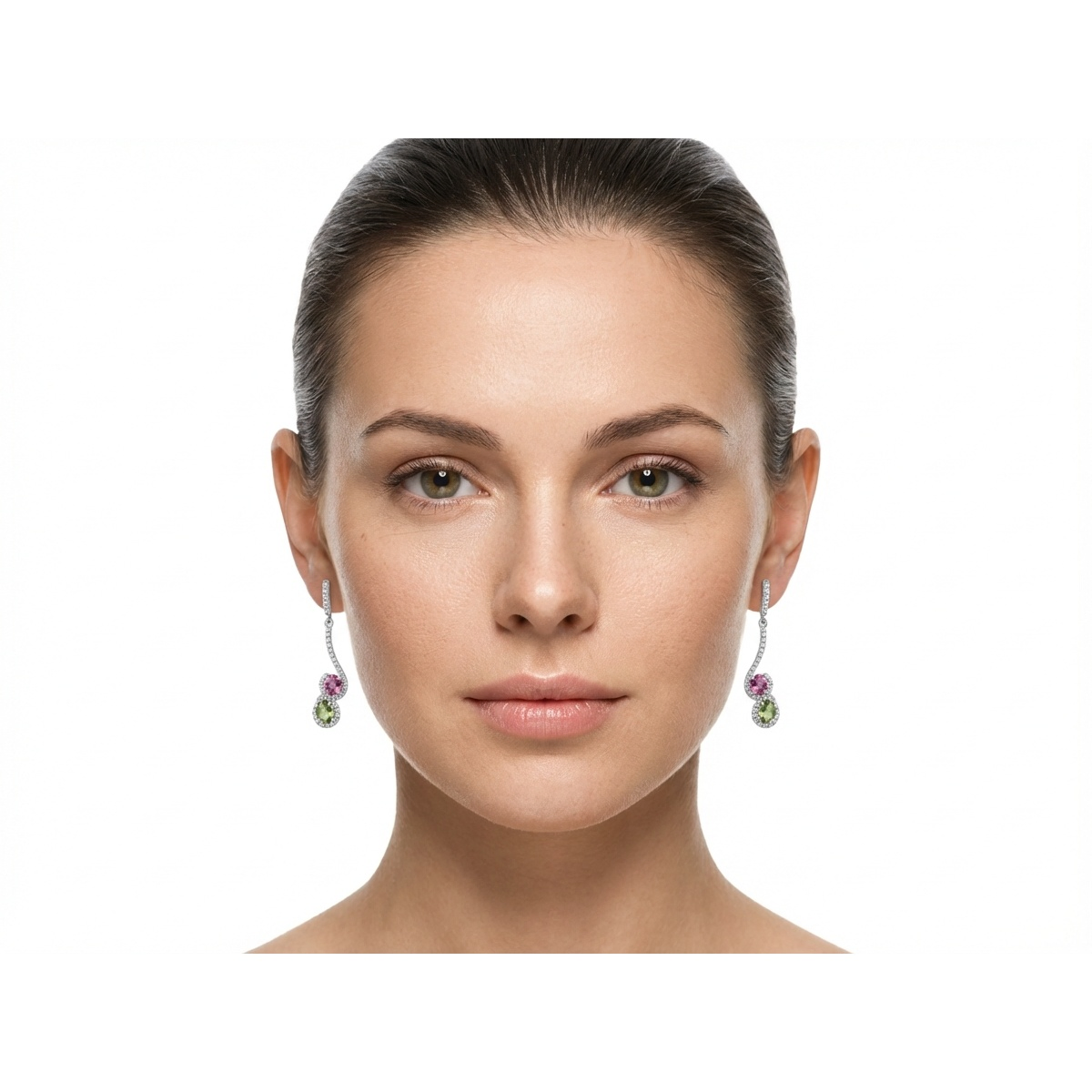 Elegant 925 Sterling Silver Drop Earrings with Pink and Green Stones