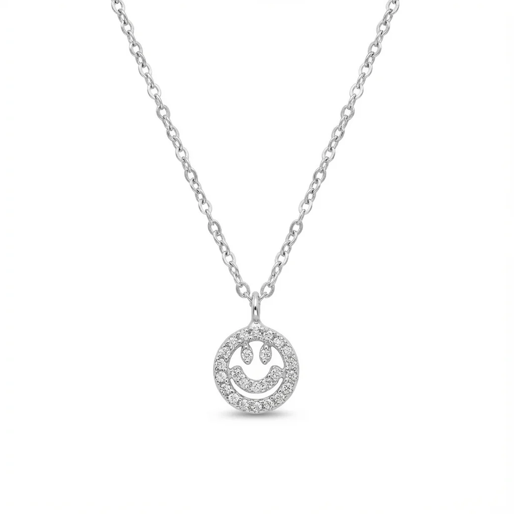 Sterling silver smiley face pendant on chain, front view