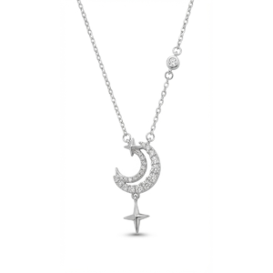 Sterling silver moon and star pendant necklace with delicate chain, front view