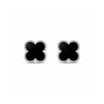 Sterling silver clover stud earrings with black enamel, front view