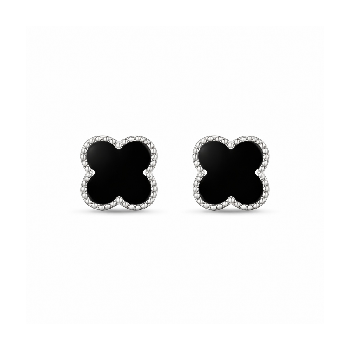 Sterling silver clover stud earrings with black enamel, front view