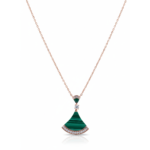 Sterling silver necklace with malachite pendant and rose gold plating, front view