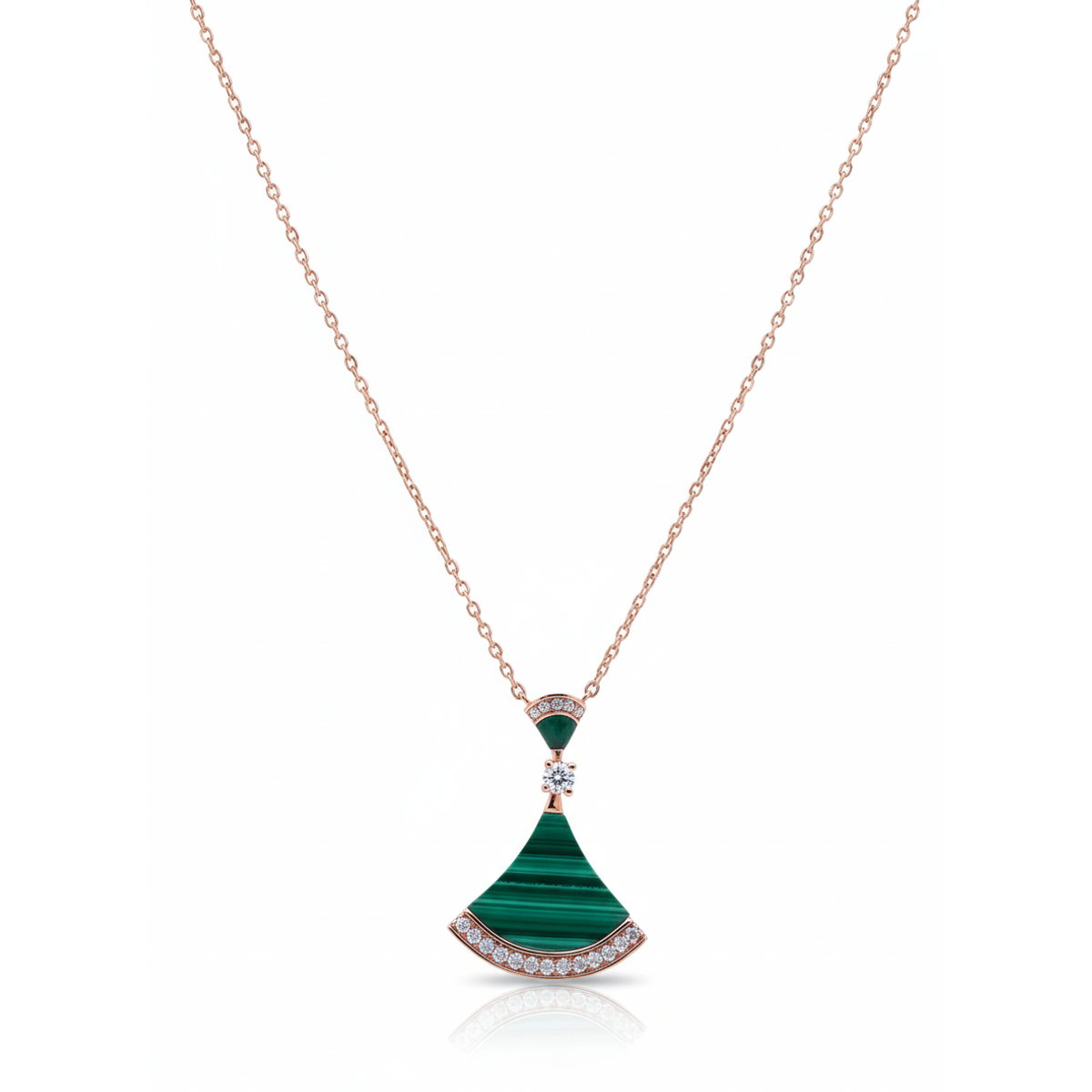 Sterling silver necklace with malachite pendant and rose gold plating, front view