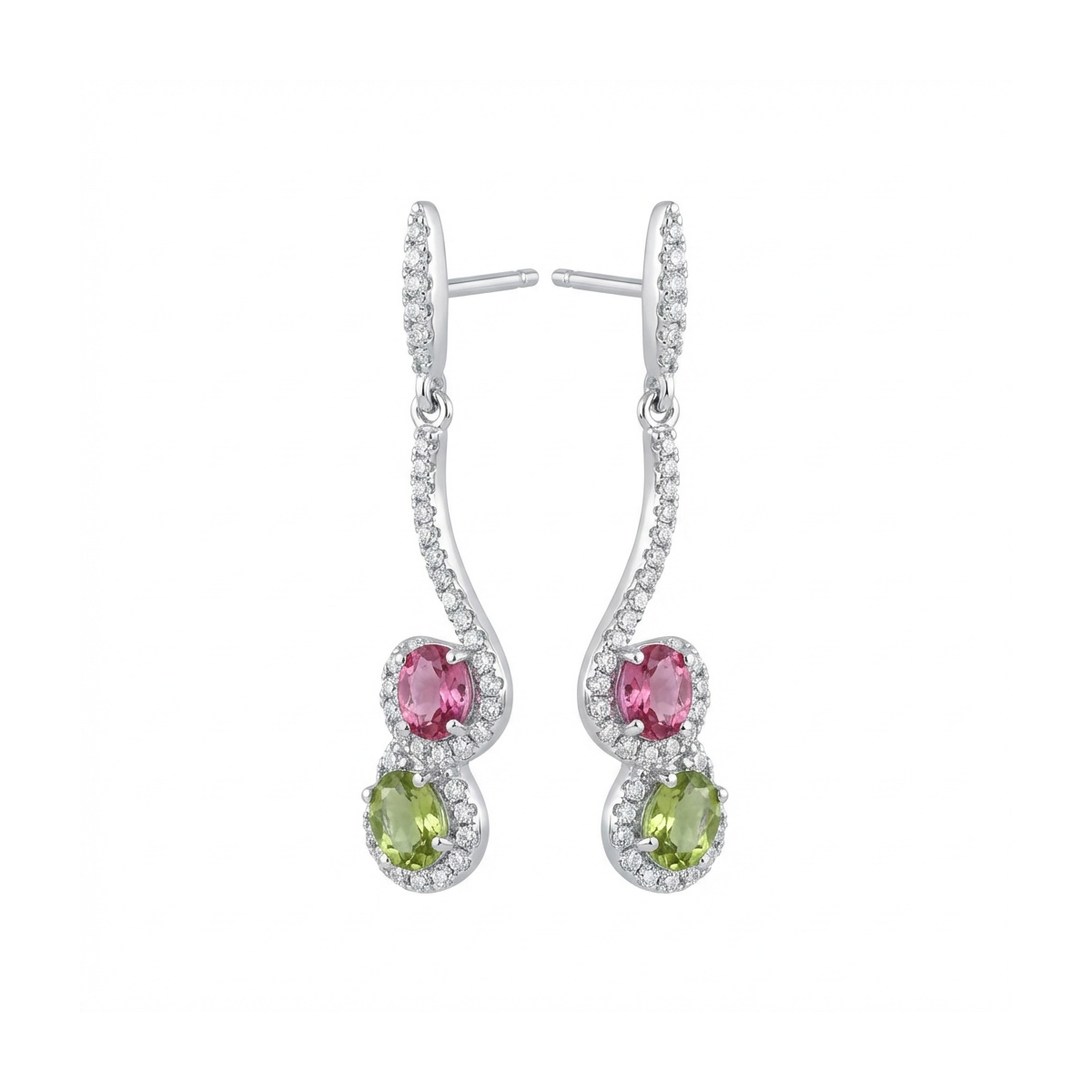 Elegant 925 sterling silver drop earrings with pink and green stones