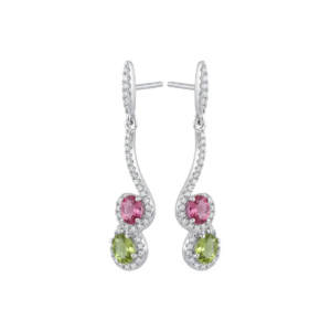 Elegant 925 sterling silver drop earrings with pink and green stones
