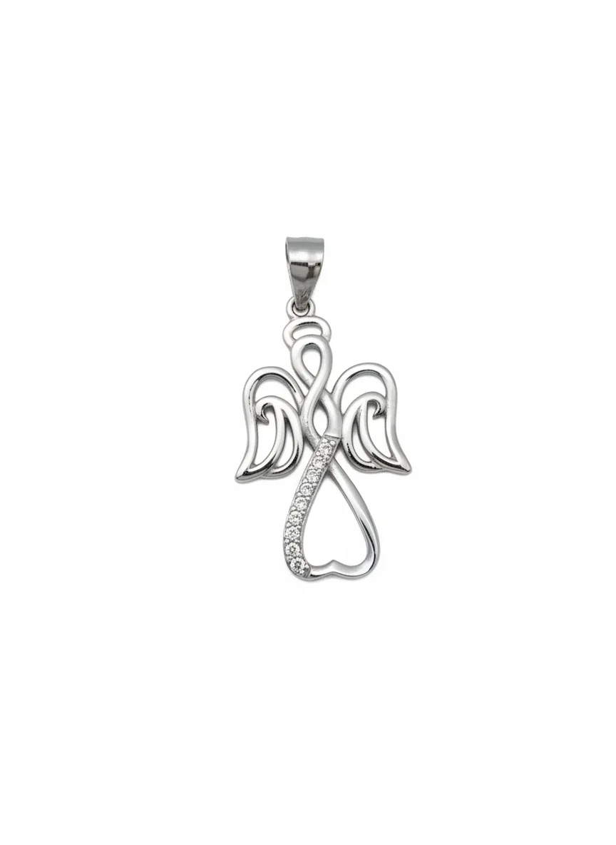 Sterling silver angel heart pendant with sparkling accents, front view