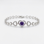 Sterling silver heart bracelet with amethyst, front view