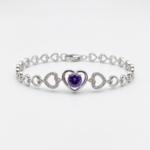 Sterling silver heart bracelet with amethyst, front view