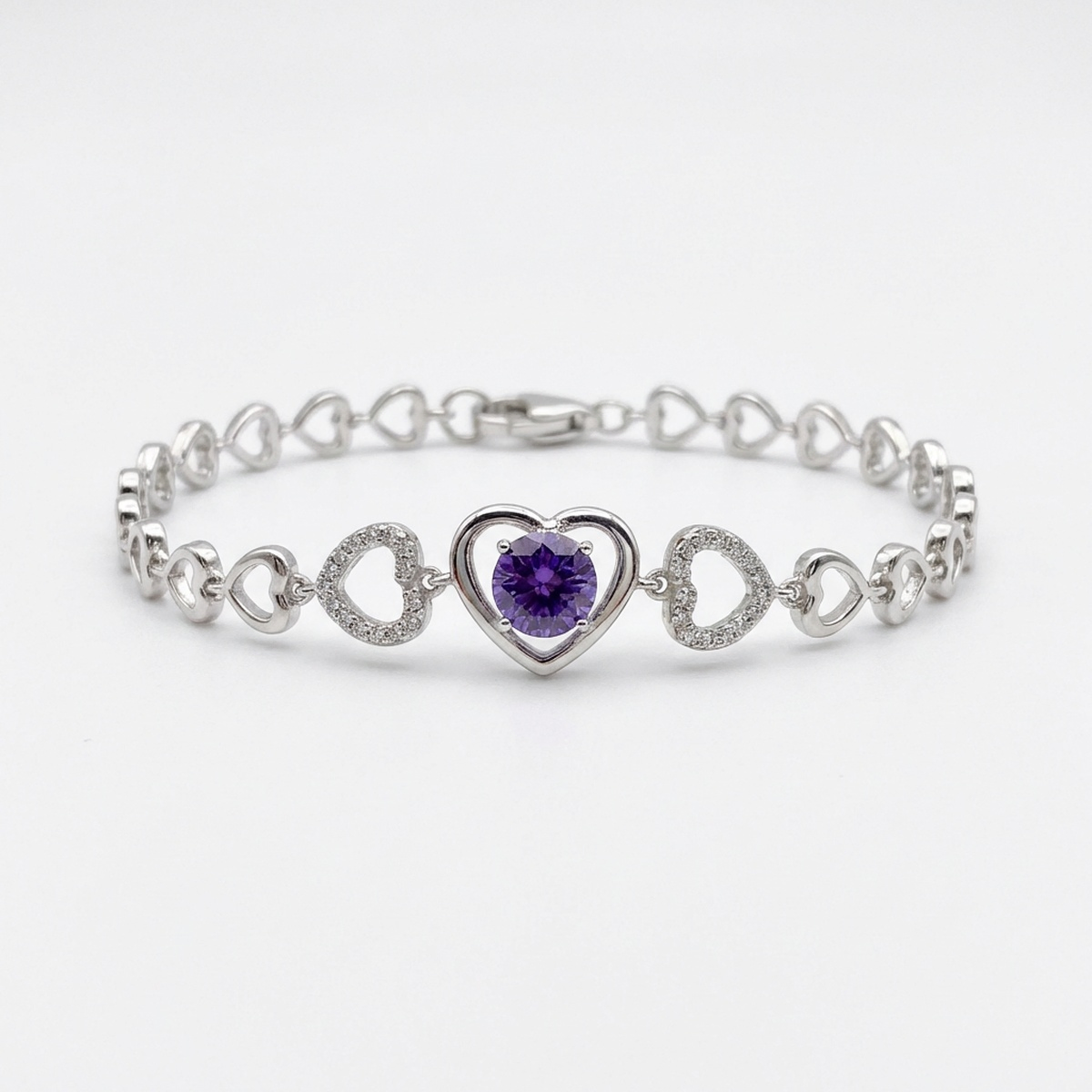 Sterling silver heart bracelet with amethyst, front view