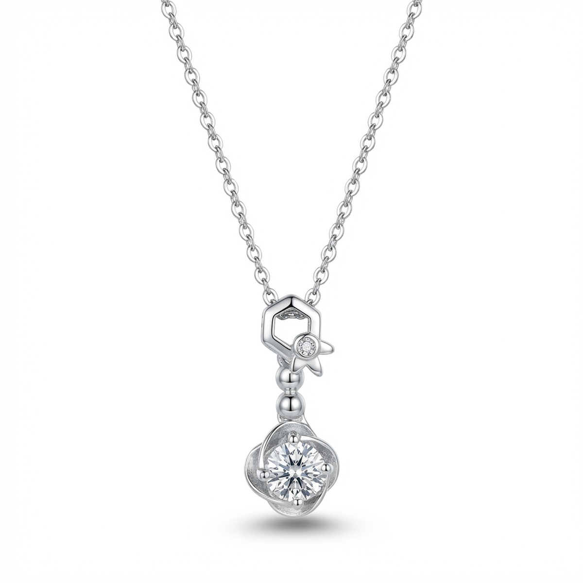 Sterling silver necklace with crystal pendant, front view