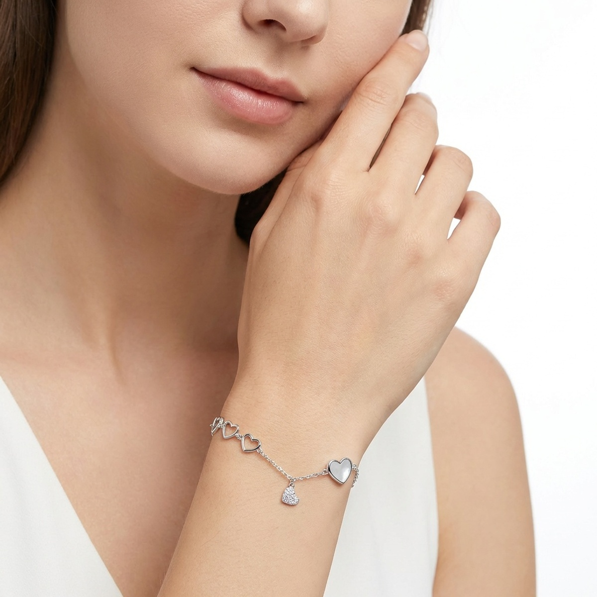 925 Sterling Silver Heart Charm Bracelet with Cubic Zirconia | Dublin Silver