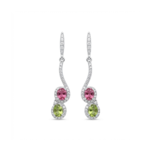 Elegant 925 Sterling Silver Drop Earrings with Pink and Green Stones