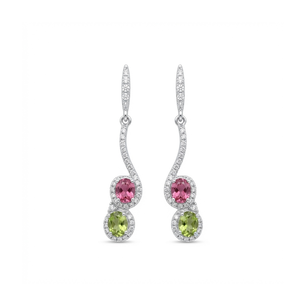 Elegant 925 Sterling Silver Drop Earrings with Pink and Green Stones