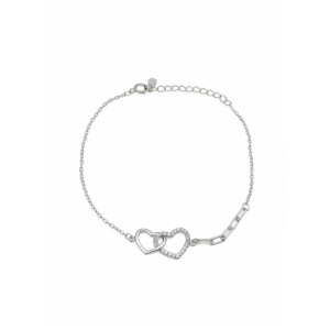 Sterling silver bracelet with interlocking heart design, front view