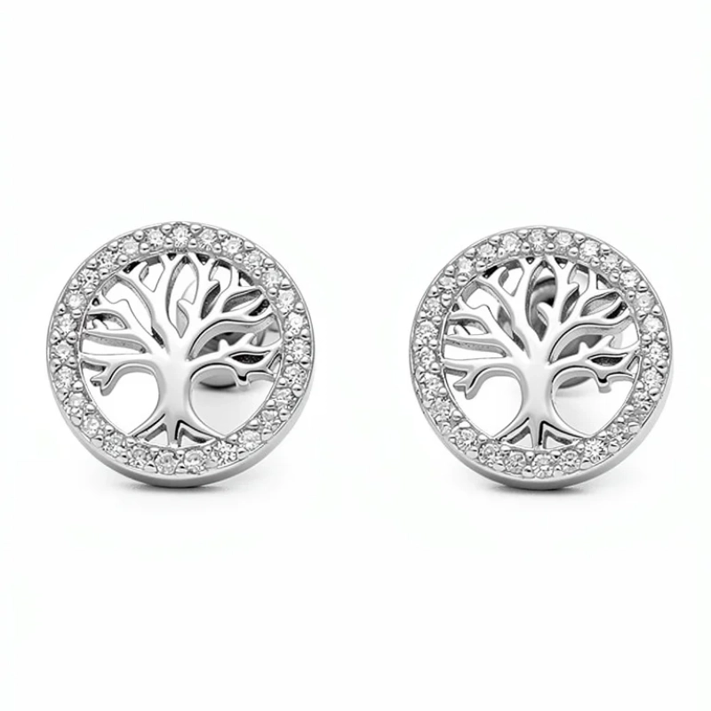 Sterling silver Tree of Life stud earrings with circular design, front view