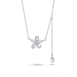 Sterling silver floral pendant necklace with adjustable chain, front view