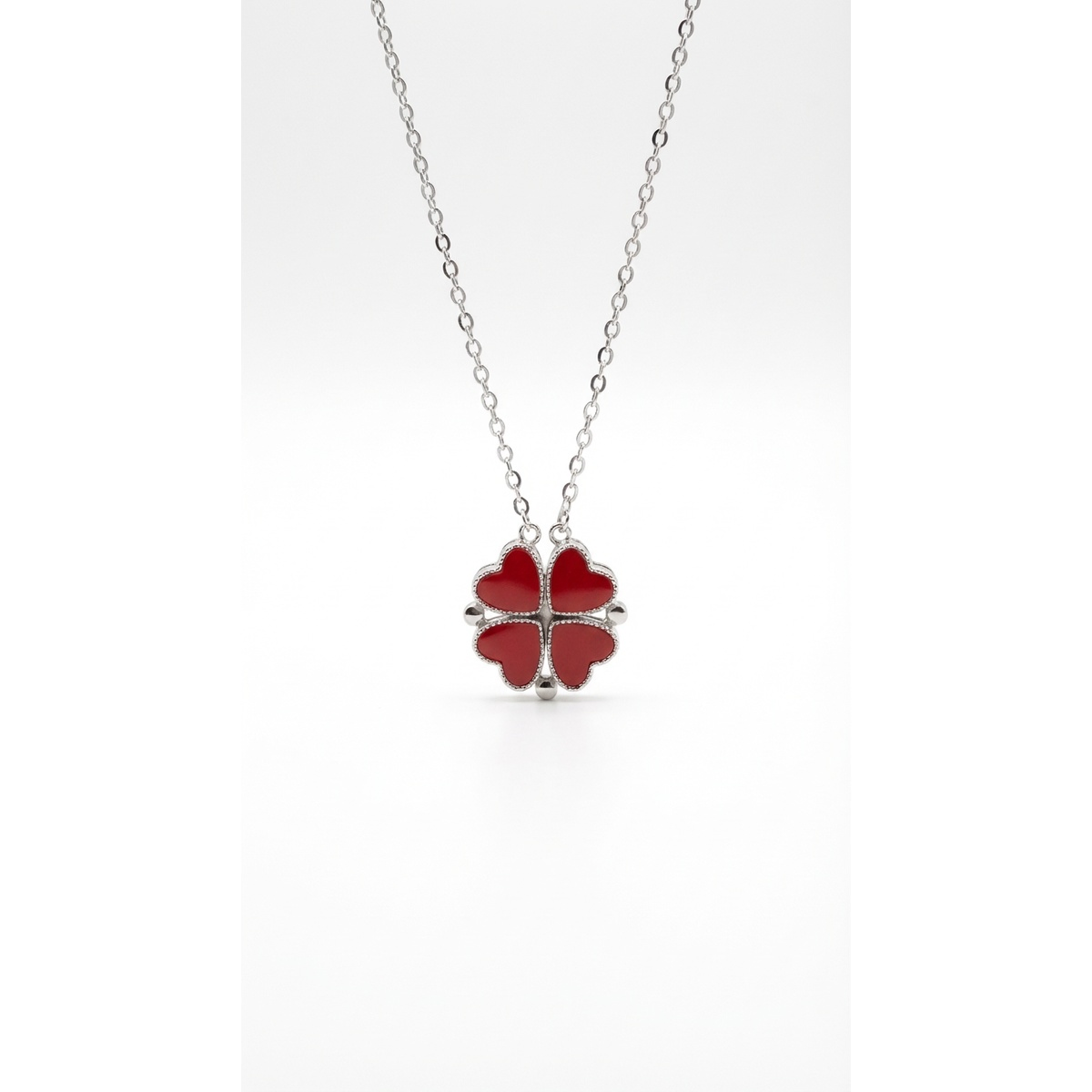 Sterling silver heart clover pendant on chain, front view