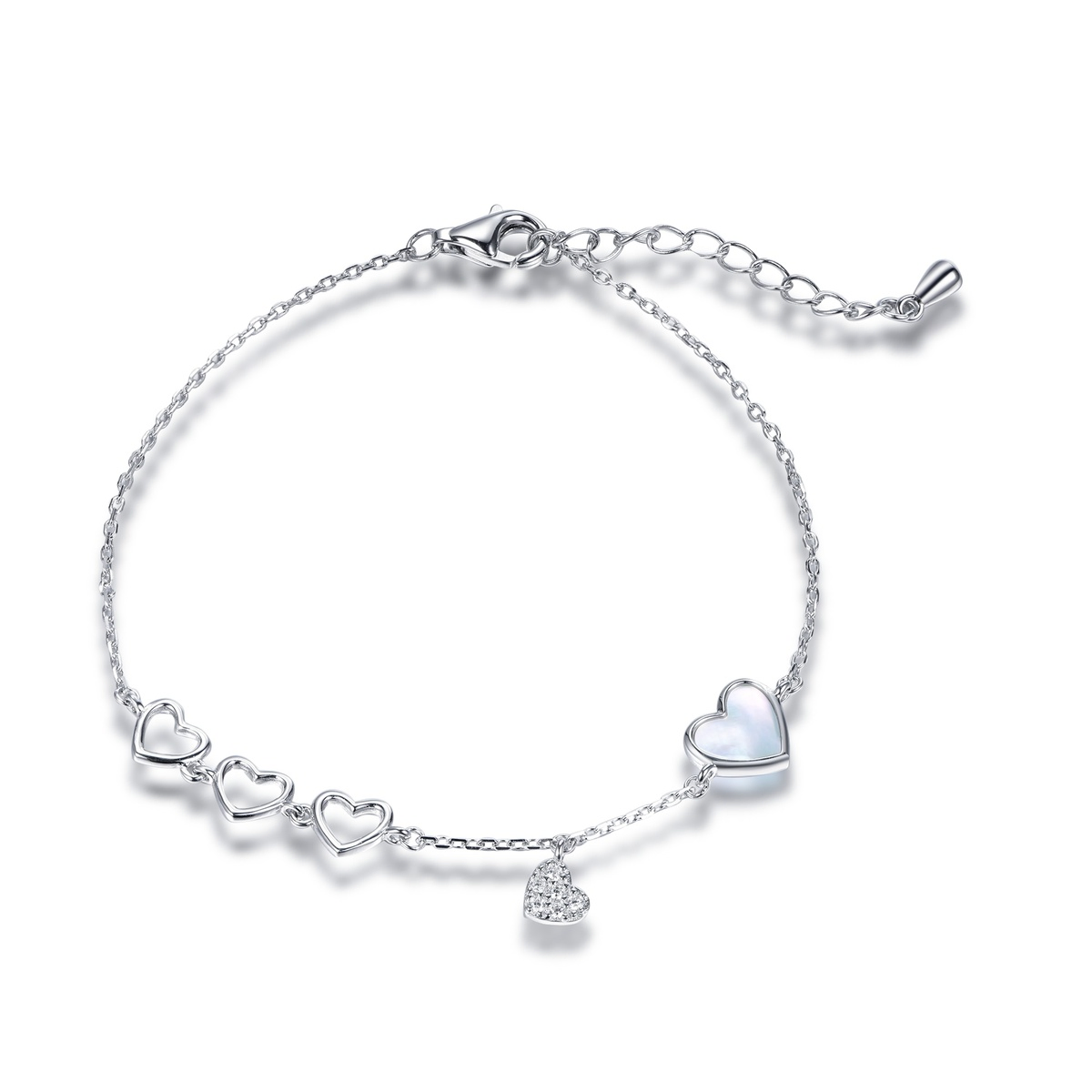 Sterling silver heart charm bracelet with cubic zirconia and white shell, top view