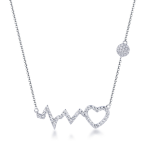 Sterling silver heartbeat pendant necklace with cubic zirconia, front view