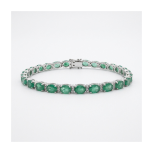 Sterling silver tennis bracelet with emerald stones, front view