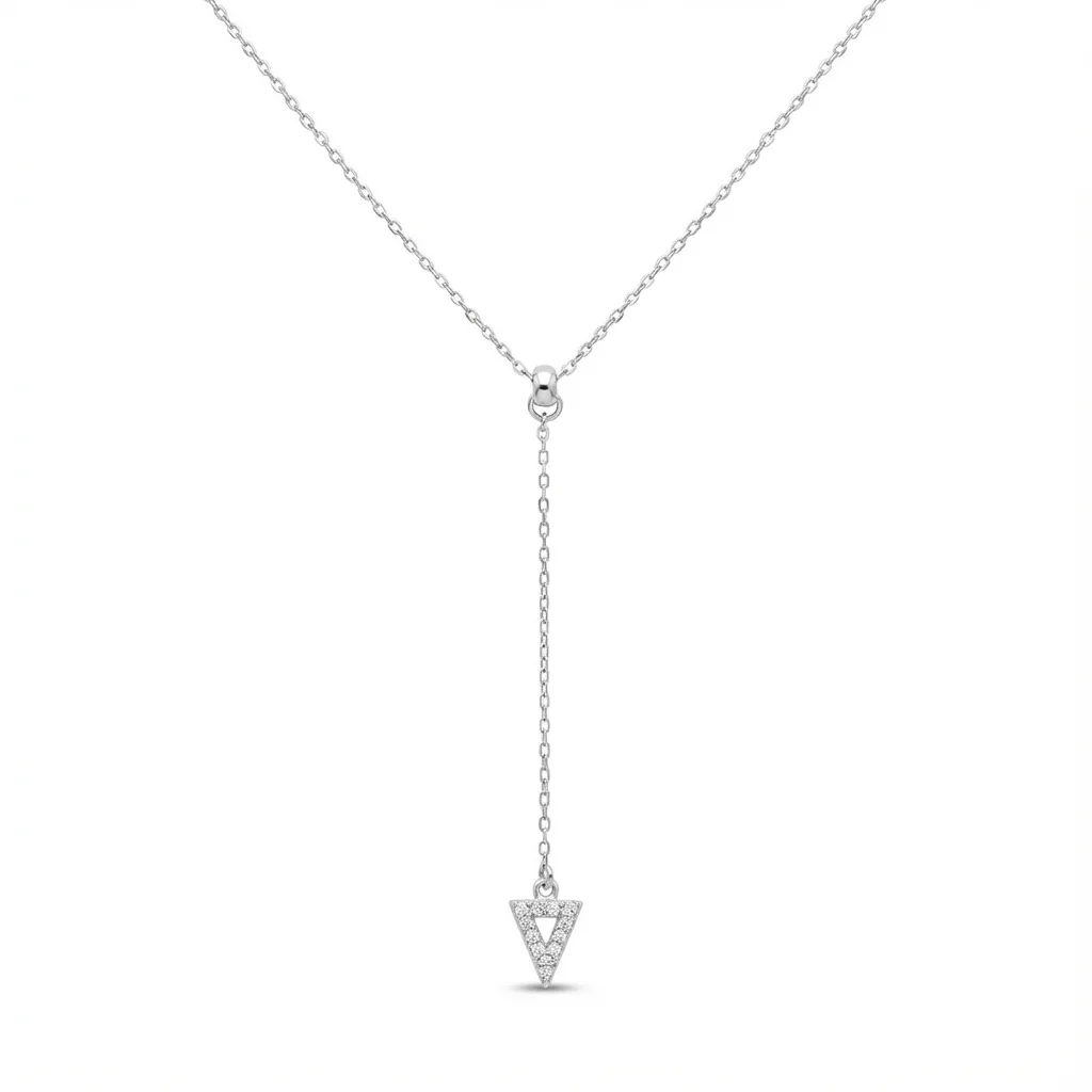Sterling silver triangle pendant necklace with delicate chain, front view