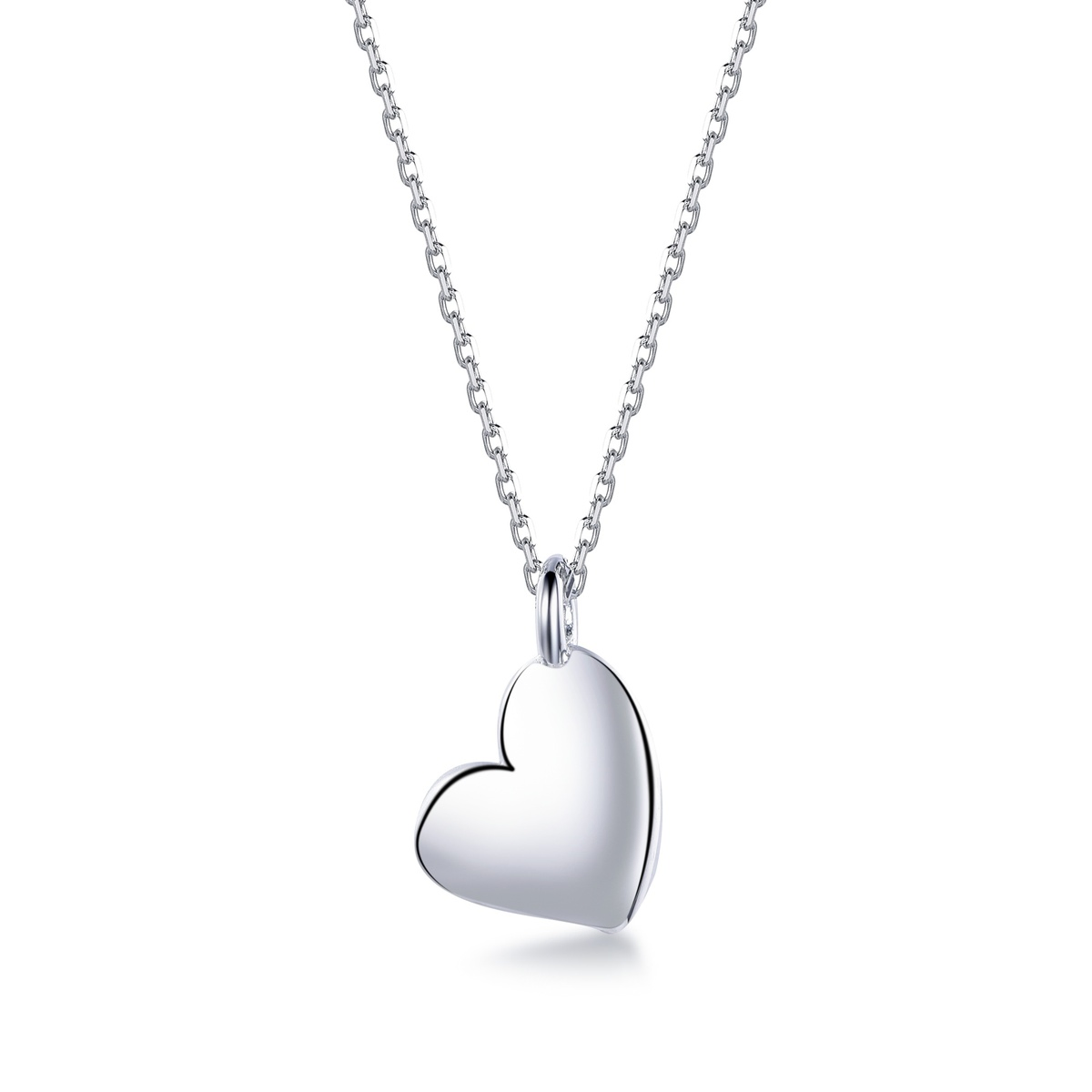 Sterling silver heart pendant on a delicate chain, front view