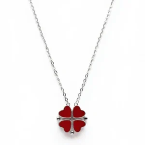Sterling silver heart clover pendant on chain, front view