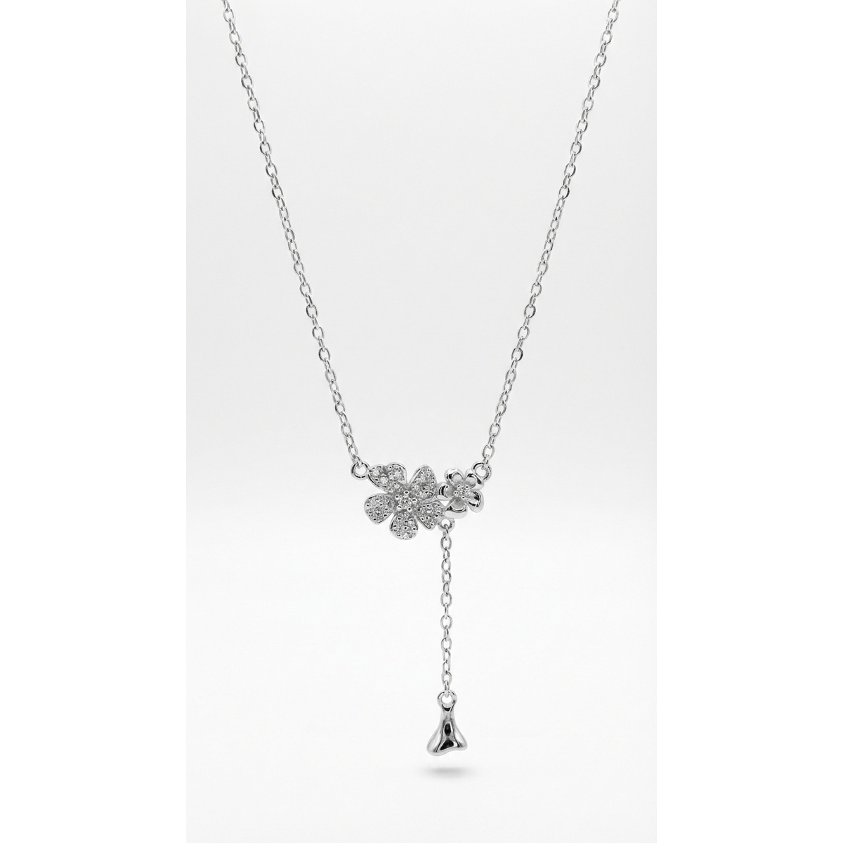Sterling silver floral pendant necklace with cubic zirconia, front view
